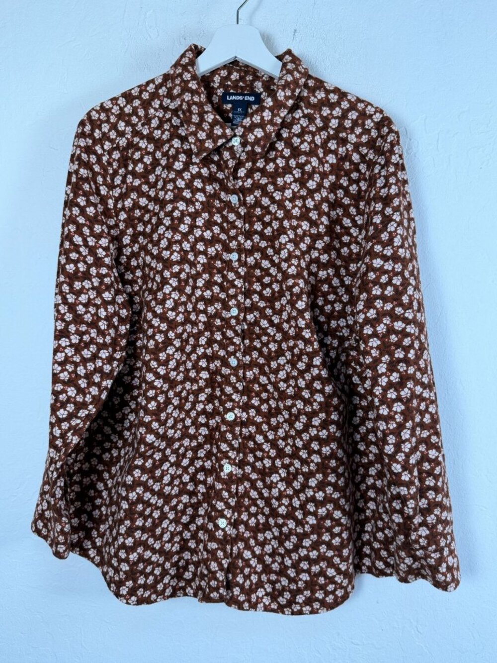 Lands' End Womens 1X Brown Ditsy Floral Button Up Shirt Long Sleeve Cotton Top